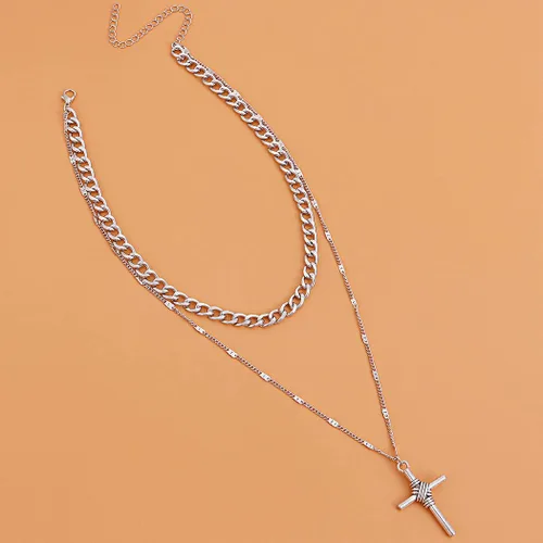 Vista 5 de Collar de cruz en capas de plata, gargantilla gruesa, collar con colgante de cruz para mujer