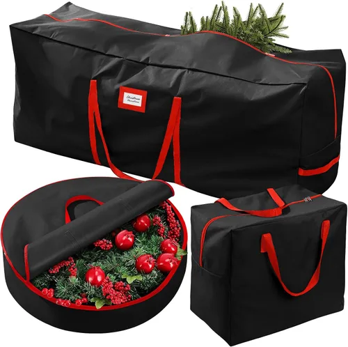 Vista 7 de Paquete de 3 bolsas de almacenamiento para árbol de Navidad, para árboles artificiales de hasta 7.5 pies, duraderas e impermeables con asas de Verde
