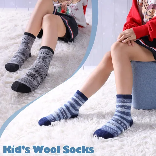 Vista 5 de LANLEO Calcetines de lana para niños pequeños y niñas, para senderismo, para invierno, cálidos, acogedores, gruesos, pesados, térmicos, 6 pares