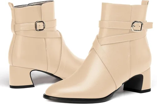 Vista 6 de WAYDERNS Botas altas de tobillo con hebilla casual para mujer, con correa de tobillo sólida mate, tacón bajo y grueso, 2 pulgadas