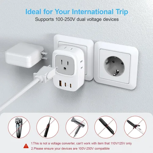 Vista 6 de Paquete de 2 adaptadores de enchufe de viaje europeos, adaptador de corriente 7 en 1 Brasil, 4 salidas de CA con 3 puertos de carga USB, adaptador