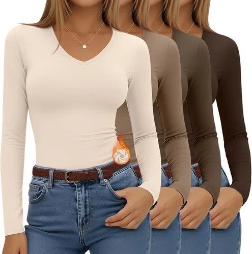 Vista 21 de Paquete de 4 camisas térmicas de manga larga para mujer, con forro polar, cuello en V, ropa interior ajustada, capa base, básica, tops cálidos