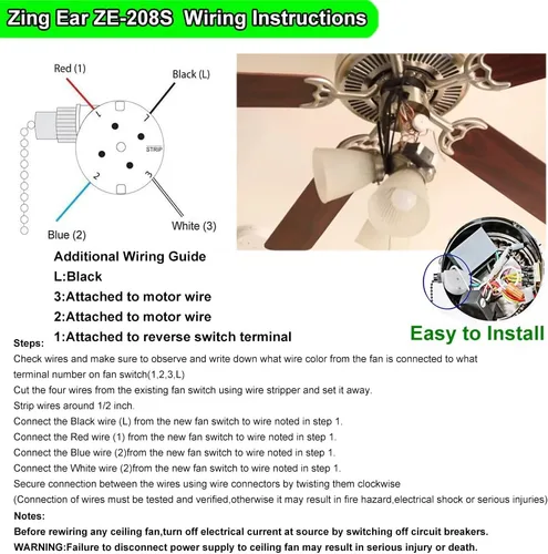Vista 7 de Interruptor para ventilador de techo Zing Ear ZE-208s E89885 de 3 velocidades con 4 cables, cadena de control con 4 cables preinstalados, parte