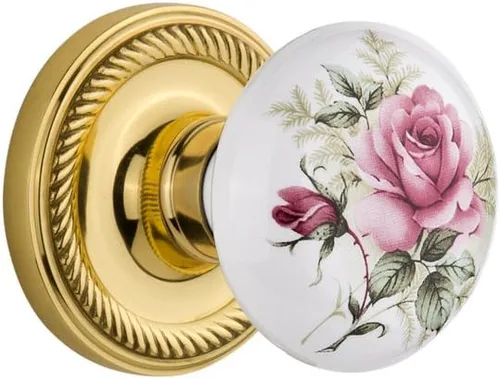 Vista 13 de Nostalgic Warehouse 711306, Mortaja de 2.25 pulgadas, roseta de cuerda de latón antiguo con perilla de porcelana rosa blanca