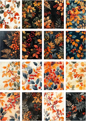 Vista 2 de Paquete de papel Decoupage (35 hojas de 6 x 8 pulgadas) bayas de otoño: hojas naranjas y rojas con bayas vibrantes y follaje dorado en diseños