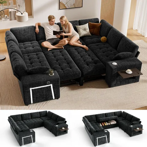 Vista 26 de Vipbear Sofá cama modular de 111 pulgadas con cama extraíble, sofá en forma de L de felpilla de 7 asientos con diván de almacenamiento, puertos USB