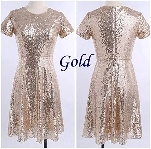 Vista 7 de Vestido de dama de honor con lentejuelas de manga corta para mujer