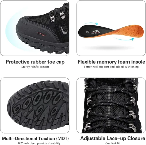 Vista 2 de NORTIV 8 Zapatos de senderismo impermeables para hombre, zapatos de senderismo de cuero para exteriores, senderismo, camping, caminata