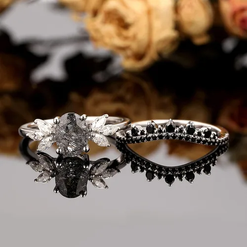 Vista 2 de Juego de anillos nupciales de cuarzo rutilado negro natural