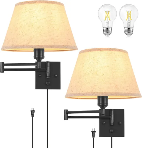 Vista 21 de TRLIFE Aplique de pared enchufable, juego de 2 lámparas de pared regulables con brazo oscilante de níquel cepillado, cable de enchufe y interruptor