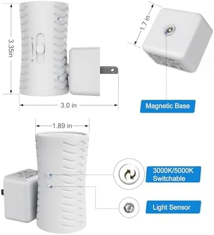 Vista 5 de Luz nocturna LED enchufable, luces nocturnas modernas giratorias de 360° enchufables a la pared, palanca de 3000 K/5000 K, sensor de atardecer a