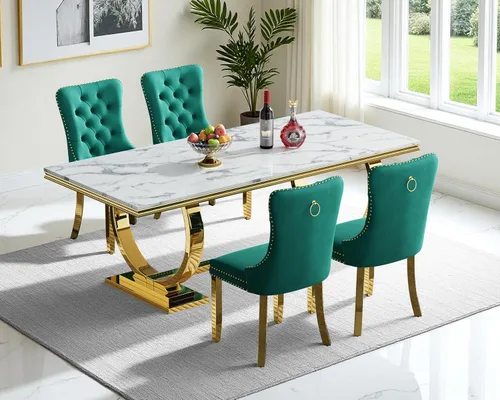 Vista 17 de Juego de mesa de comedor de mármol para 4, mesa de cocina rectangular de mármol blanco de 70 pulgadas con base en O de acero inoxidable dorado