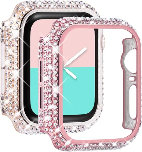 Vista 12 de NewWays Paquete de 2 fundas brillantes con diamantes completos para Apple Watch 40mm para mujeres, protector de diamantes completamente pavimentado
