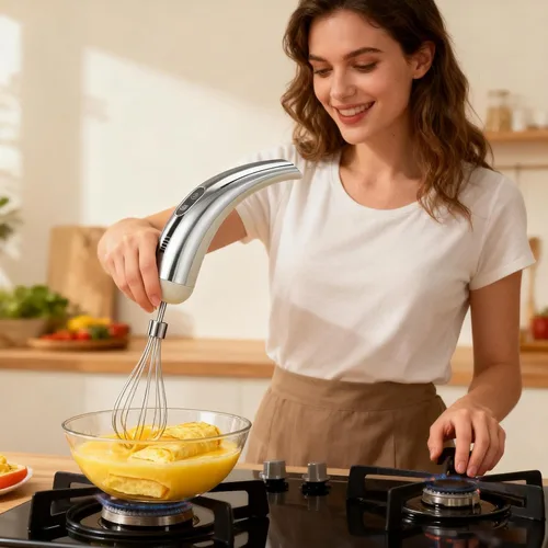 Vista 2 de Batidora de mano eléctrica, diseño de mango ergonómico, 7.1 x 2.2 in, batidora de mano de acero inoxidable, batidora de 5 velocidades, ergonómica