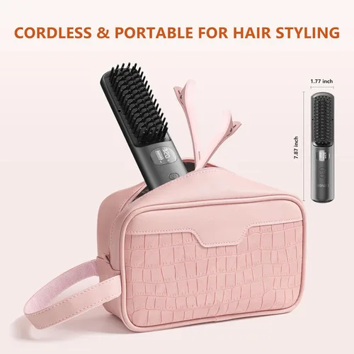 Vista 4 de Kawu Plancha eléctrica para el cabello, peine caliente portátil inalámbrico para viajes, de iones negativos de cerámica, mini peine alisador