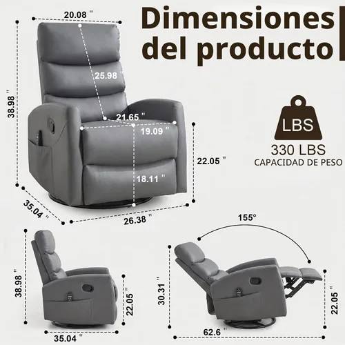 Vista 3 de SoarFlash Mecedora reclinable giratoria de 360°, mecedora con masaje de calor y vibración, silla de piel sintética para sala de estar, espacios