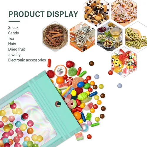 Vista 5 de 100 bolsas holográficas de Mylar degradadas con ventana transparente, bolsa con cremallera resellable, bolsas de muestras de embalaje para fiestas