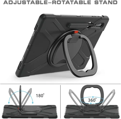 Vista 3 de Funda de rotación 360 para Galaxy S8 Ultra de 14.6 pulgadas, funda resistente con anillo giratorio, correa de transporte para hombro, correa de Negro