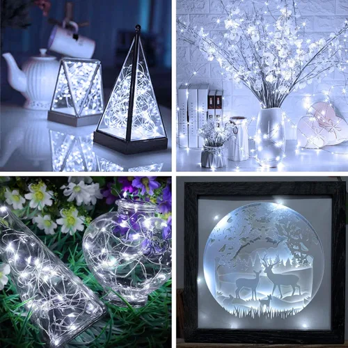 Vista 2 de Olafus Paquete de 16 luces de hadas funcionan con pilas, IP68 impermeable, mini tira de luciérnaga, cable de cobre de 7 pies, luz estrellada micro