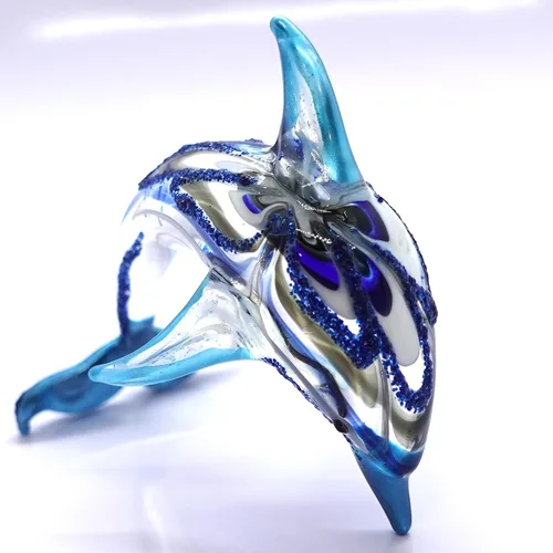 Vista 3 de Figuras en miniatura de delfines animales soplados a mano, arte de vidrio, océano, regalo coleccionable, decoración del hogar, 4 pulgadas (azul)