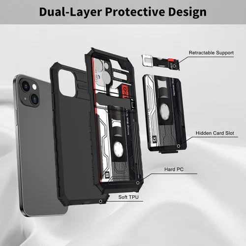 Vista 2 de Funda tipo cartera para iPhone 14 con soporte para tarjeta de crédito y soporte de doble capa de policarbonato duro de TPU suave para iPhone 14