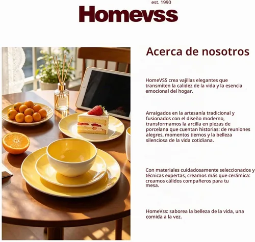 Vista 7 de HomeVss, Juego de vajilla de gres Coupe de 16 piezas, exterior blanco + interior amarillo