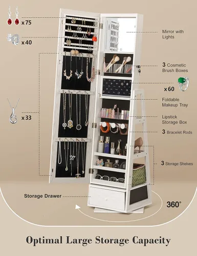 Vista 5 de Nicetree Gabinete de joyería giratorio de 360 con espejo de cuerpo entero