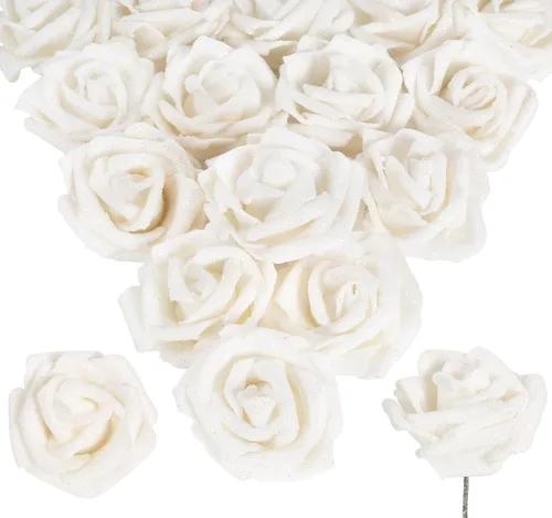 Vista 14 de 30 rosas doradas con purpurina, rosas artificiales de espuma dorada de 2.56 pulgadas con tallos para centros de mesa de despedida de soltera, ramo