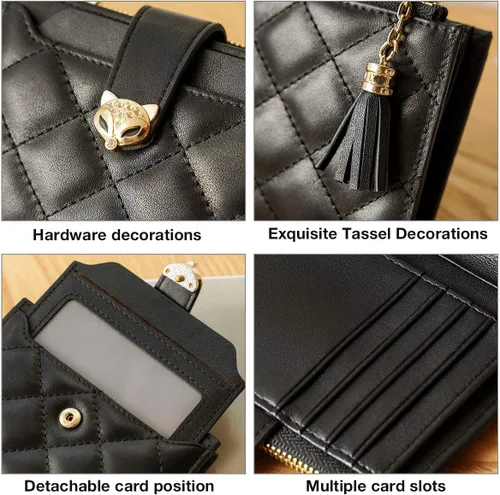 Vista 5 de Cartera de cuero para mujer, pequeña billetera plegable acolchada, tarjetero, Negro2, Classic