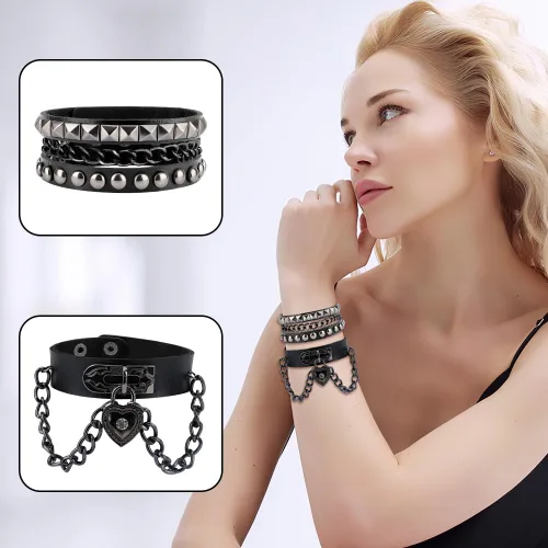 Vista 3 de Pulseras de cuero con tachuelas de pico, con tachuelas emo, punk, góticas, góticas, para mujeres y hombres