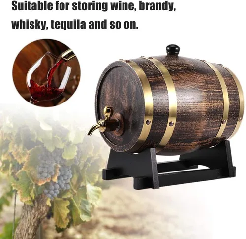 Vista 3 de Barril de roble, 3L estilo retro madera de roble vino tinto brandy barril de whisky barril barril cubo contenedor con grifo almacenamiento