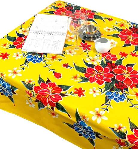 Vista 7 de Alux - Mantel de plástico con flores de hibisco para patios, picnic y mesas de cocina, azul y rojo, vinilo de plástico, mantel de plástico