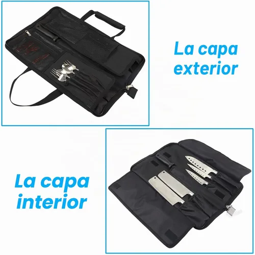 Vista 5 de Bolsa de rollo para cuchillos de chef, bolsa de cuchillo de chef Oxford resistente, estuche portátil para cuchillos de chef de 13 ranuras