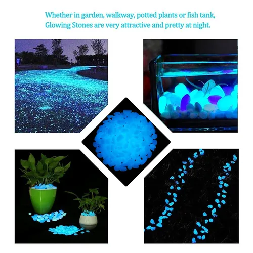 Vista 6 de 340 guijarros de jardín que brillan en la oscuridad, piedras luminosas para jardinería, decoración al aire libre, agua brillante, pecera, grava Azul