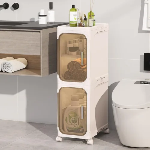 Vista 11 de KHNR Armario de almacenamiento de baño delgado de 2 niveles, gabinetes de almacenamiento plegables, almacenamiento de baño estrecho, organizador