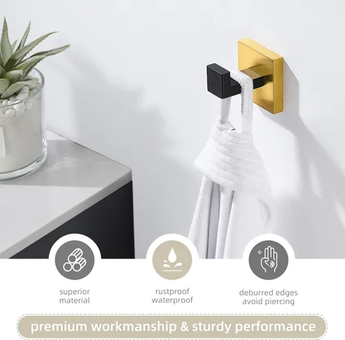 Vista 7 de Gancho para Toalla Angle Simple Negro y Oro, Gancho de Baño Cuadrado de Acero Inoxidable 304 para Pared SUS304 acero inoxidable, soporte