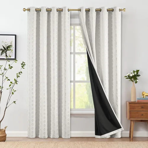 Vista 36 de jinchan - Cortinas bohemias 100% blackout de 54 pulgadas de largo para dormitorio, estampado geométrico negro sobre beige, con ojales