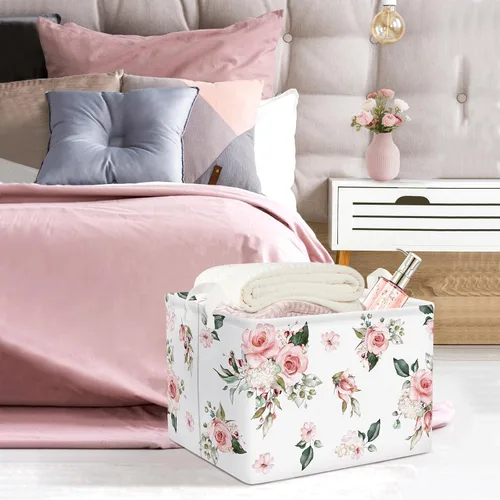 Vista 2 de Clastyle Cesta de regalo rectangular con diseño floral de rosa para bebé, toalla de almacenamiento al aire libre, juguete de piscina, manta