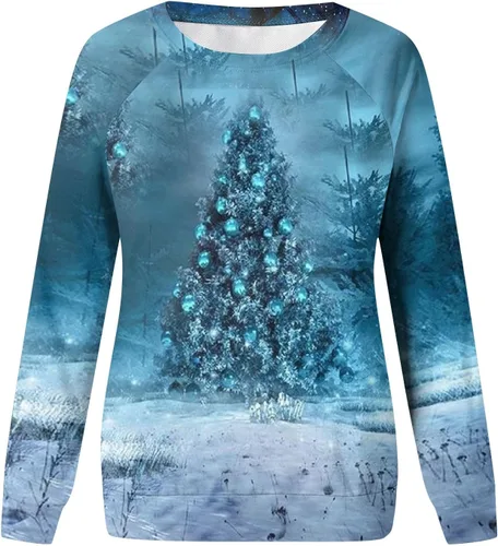 Vista 3 de Conjunto de manga larga con estampado navideño para mujer, cuello redondo, informal, holgada, para ocultar el vientre