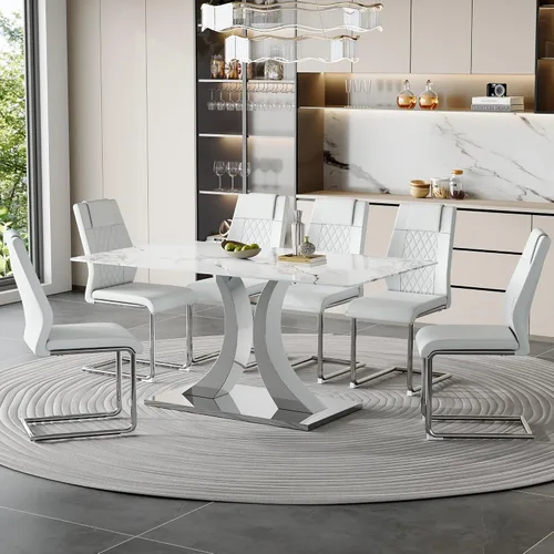 Vista 21 de Juego de mesa de comedor de mármol para 4, moderna mesa de oro blanco de 63 pulgadas con patas de marco de forma intercambiable y sillas de comedor