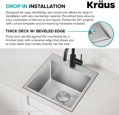 Vista 8 de Kraus Standart PRO - Fregadero de cocina de acero inoxidable de calibre 16 con tazón individual para bar, montaje superior/inferior de 18 pulgadas