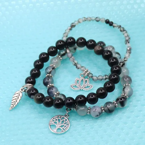 Vista 3 de UEUC - Pulseras Reiki, apilables, de piedras curativas, cristales, con dije del árbol de la vida, yoga y hoja de loto, contra la ansiedad