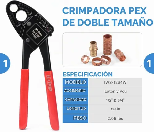 Vista 2 de iCRIMP ICP-1234AH Kit de Herramientas de Crimpado PEX - Anillos de Crimpado de Cobre de 1/2 pulgada y 3/4 pulgada, Crimpadora de Doble