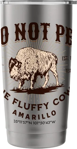 Vista 3 de Amarillo Texas Do Not Pet the Fluffy Cows - Vaso aislado de acero inoxidable con diseño de bisonte divertido