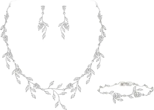 Vista 26 de Cubic Zirconia Drop Leaf Vine Wedding Prom Jewelry Set for Bride Bridesmaid