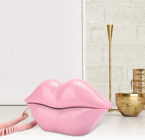 Vista 7 de Vikye Teléfono fijo, teléfono doméstico de estilo europeo, forma de labios rosados de moda, teléfono fijo de escritorio, teléfono creativo para uso