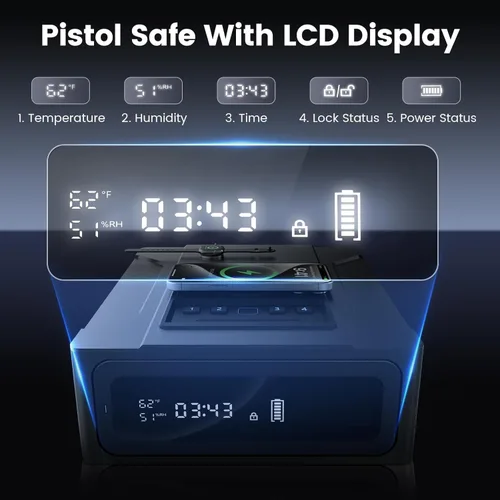 Vista 2 de XDeer Caja fuerte biométrica inteligente para pistola, mesita de noche caja fuerte inteligente con carga inalámbrica para teléfono y reloj, 4