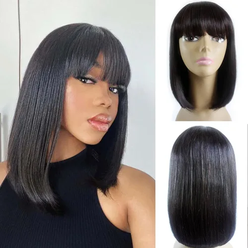 Vista 20 de Peluca de cabello humano lacio rubio 613 de 15 pulgadas con flequillo, sin pegamento, sin encaje frontal, Yaki Bob para mujer