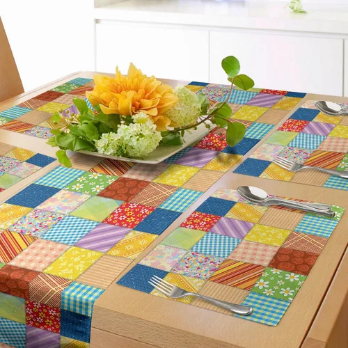 Vista 66 de Lunarable Camino de mesa tropical y manteles individuales, acuarela tucán loro flamenco piñas y flores silvestres sobre rombo, juego para decoración