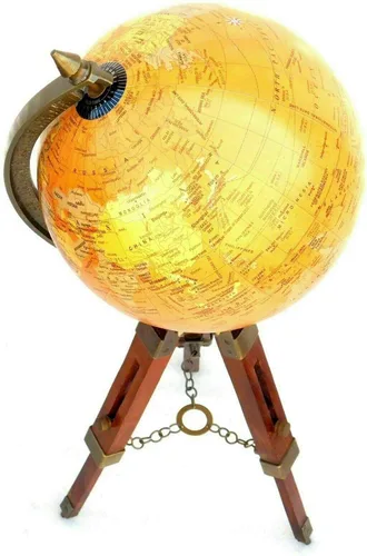 Vista 3 de Adorno de globo de mesa náutica de latón antiguo con trípode de madera